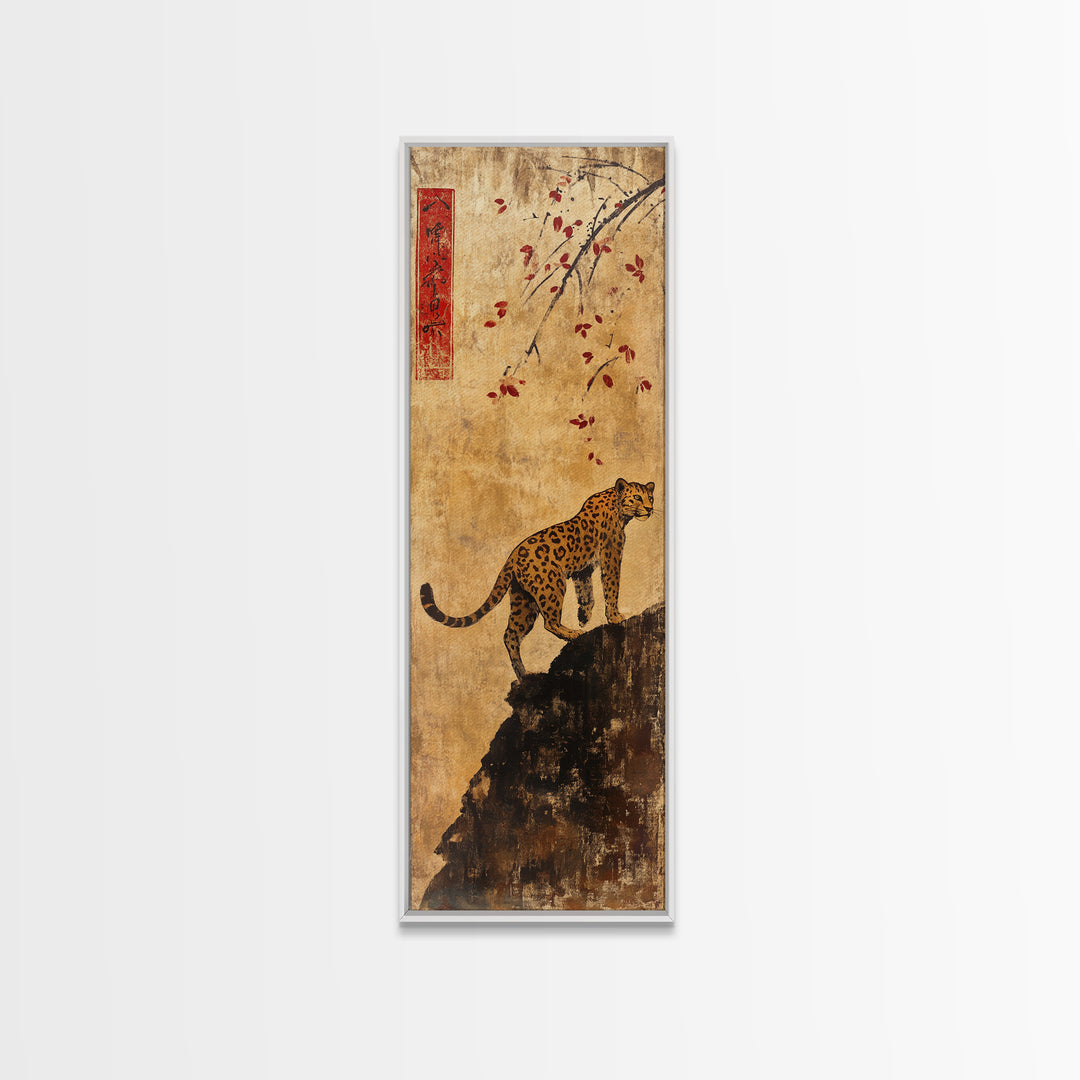 Spotted Leopard On Rocky Cliff Wall Art, Asian Wildlife Decor, Safari Animal Art Print, Maximalist Decor, Framed Canvas Print