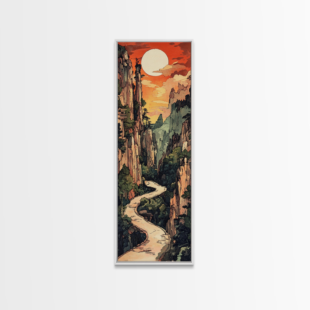 Sunset Canyon River Wall Art, Japanese Landscape Print, Mountain Wall Decor, Large Horizontal Art, Framed Canvas Print, Living Room Decor