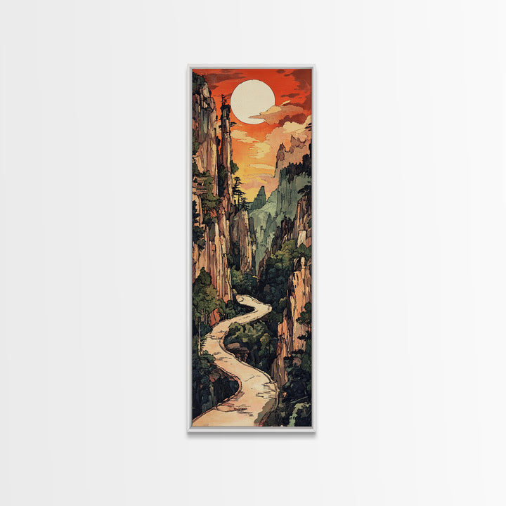 Sunset Canyon River Wall Art, Japanese Landscape Print, Mountain Wall Decor, Large Horizontal Art, Framed Canvas Print, Living Room Decor
