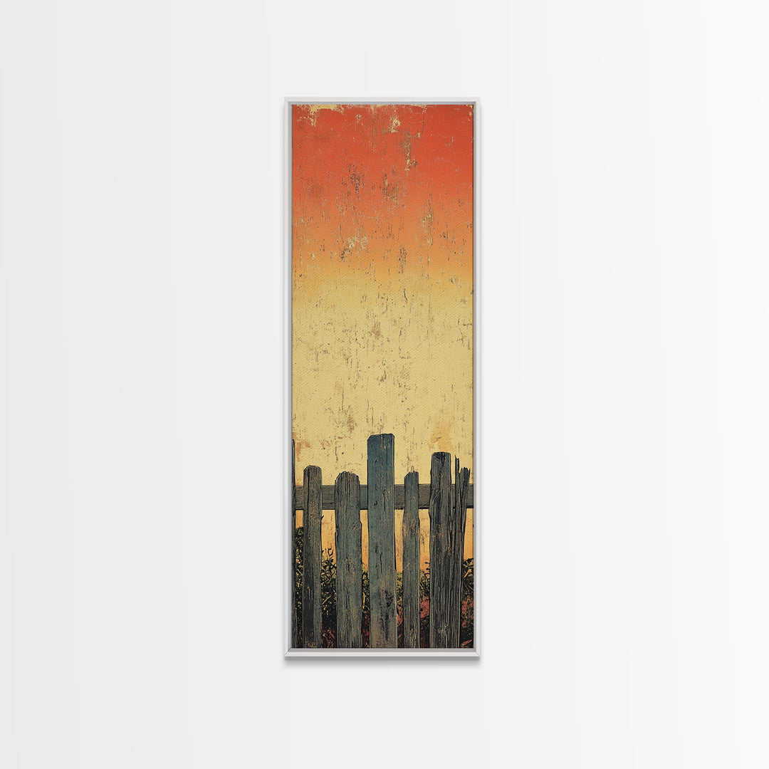Weathered Fence Sunset Wall Art, Rustic Minimalist Landscape Print, Orange Sky Farmhouse Decor, Tall Vertical Canvas Print
