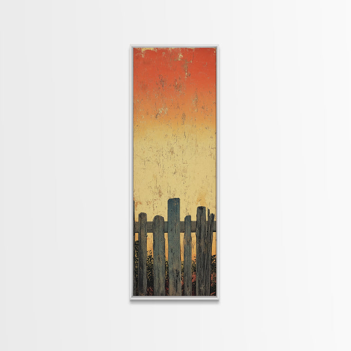 Weathered Fence Sunset Wall Art, Rustic Minimalist Landscape Print, Orange Sky Farmhouse Decor, Tall Vertical Canvas Print