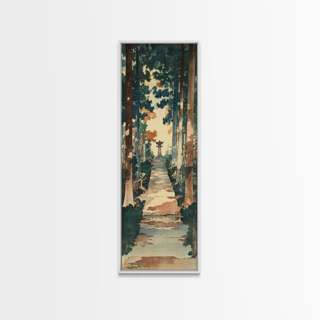 Forest Path Shrine Wall Art, Japanese Garden Canvas Print, Moody Woodland Landscape Decor, Tall Vertical Entryway Wall Art