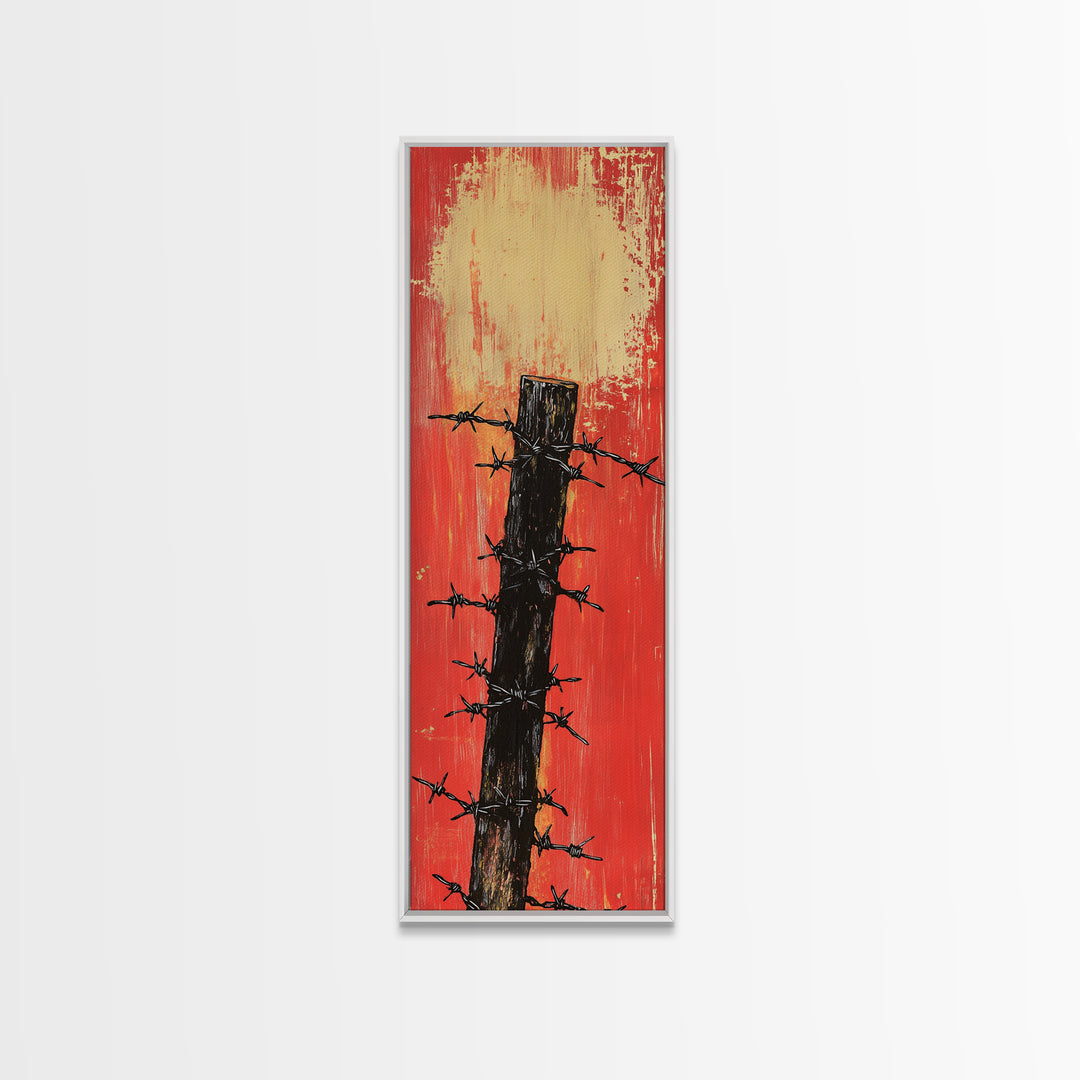Barbed Wire Fence Post Wall Art, Rustic Western Print, Red Distressed Farmhouse Decor For Man Cave Or Modern Entryway Gift