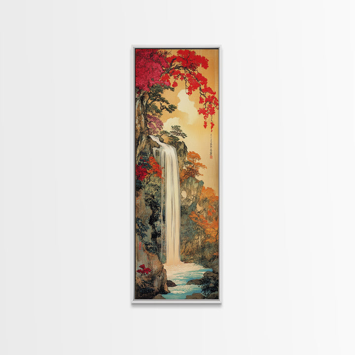 Autumn Waterfall With Red Maple Trees Framed Canvas Print, Japanese Landscape Wall Art, Nature Decor, Living Room Art Print