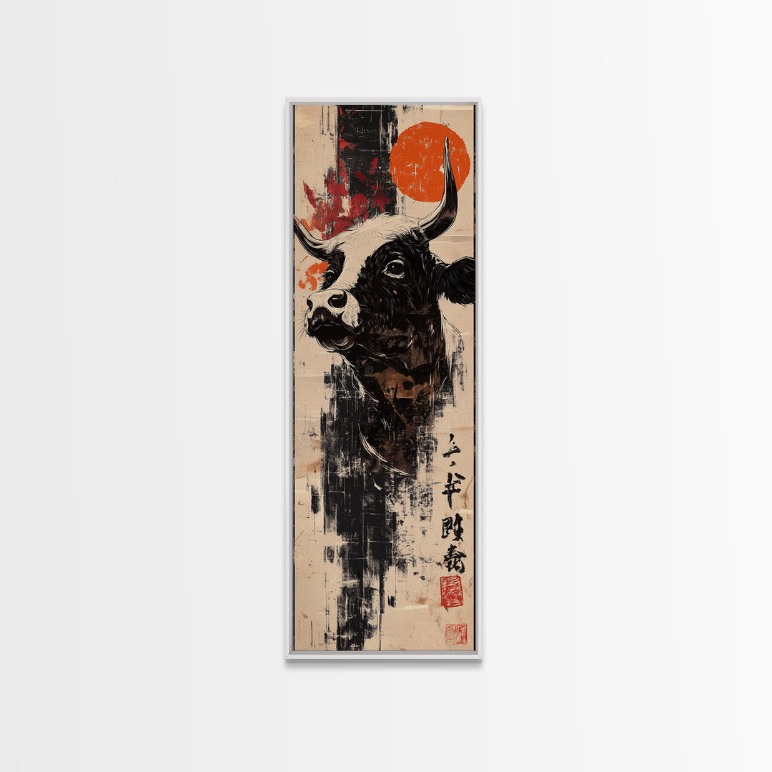 Black Bull Portrait With Red Sun Canvas Print, Japanese Western Wall Art, Rustic Farmhouse Decor, Masculine Office Art Print