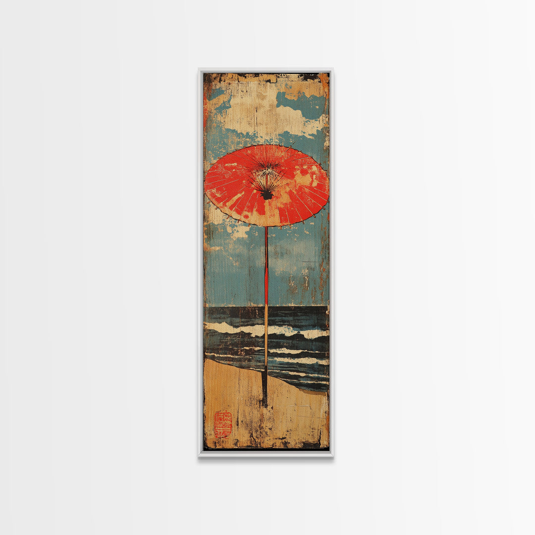Red Beach Umbrella By Blue Ocean Framed Canvas Print, Coastal Wall Art, Beach House Decor, Summer Seascape Print, Living Room Decor