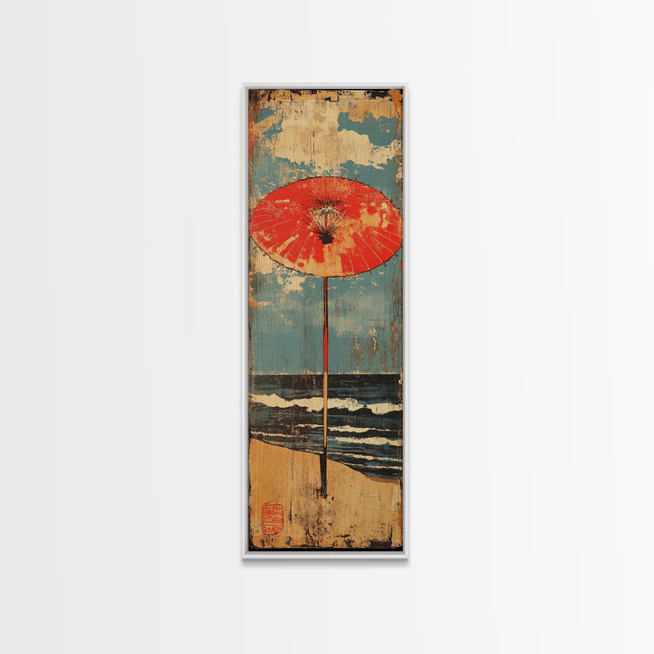 Red Beach Umbrella By Blue Ocean Framed Canvas Print, Coastal Wall Art, Beach House Decor, Summer Seascape Print, Living Room Decor