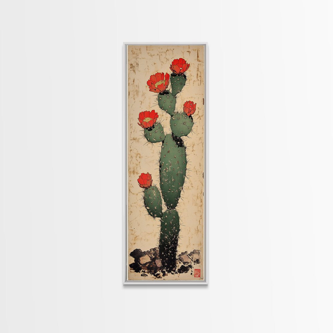 Prickly Pear Cactus With Red Flowers Canvas Print, Desert Wall Art, Southwestern Botanical Decor, Boho Home Decor, Living Room Decor
