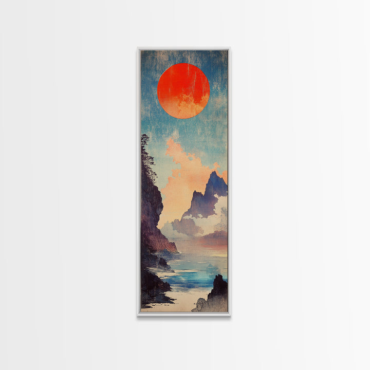 Red Sun Blue Mountain Seascape Wall Art, Japanese Landscape Print, Coastal Asian Decor, Tall Narrow Canvas For Living Room