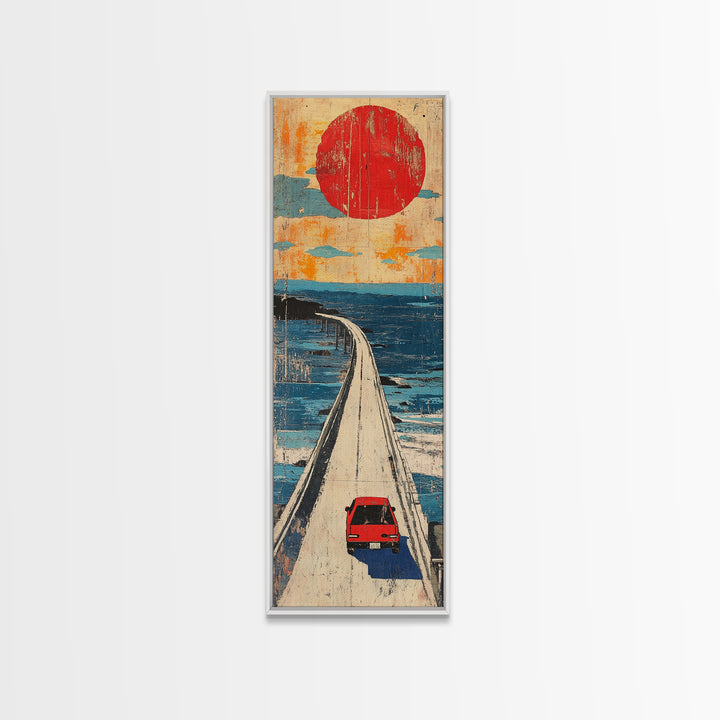 Red Car Ocean Bridge Wall Art, Retro Travel Poster Style, Japanese Coastal Decor, Long Vertical Canvas Print For Entryway