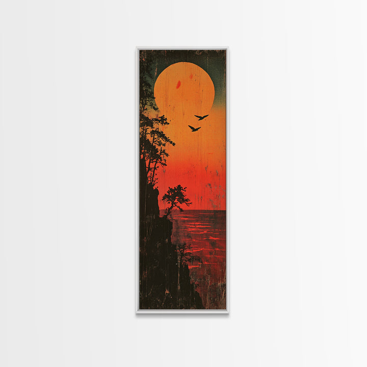 Orange Sunset Lake Silhouette Wall Art, Moody Nature Landscape Print, Rustic Cabin Decor, Long Vertical Canvas For Bedroom