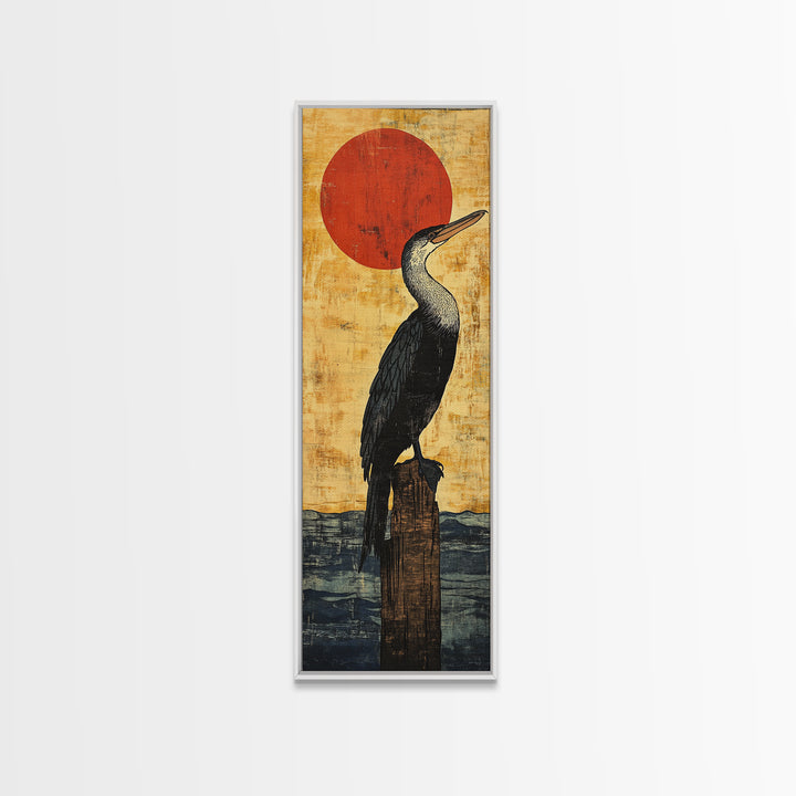 Black Cormorant Bird With Red Sun Wall Art, Japanese Coastal Framed Canvas Print For Nautical Decor And Nature Lovers Gift