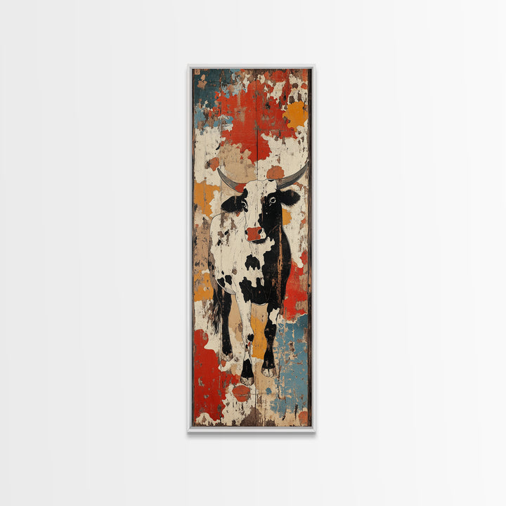 Distressed Black And White Cow Painting Canvas Print, Rustic Farmhouse Wall Art, Western Kitchen Decor, Ranch House Gift