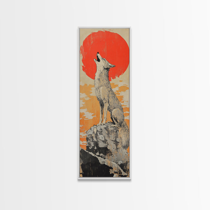 Howling White Wolf With Red Sun Framed Canvas Print, Desert Animal Wall Art, Southwestern Nursery Decor, Wildlife Gift For Him
