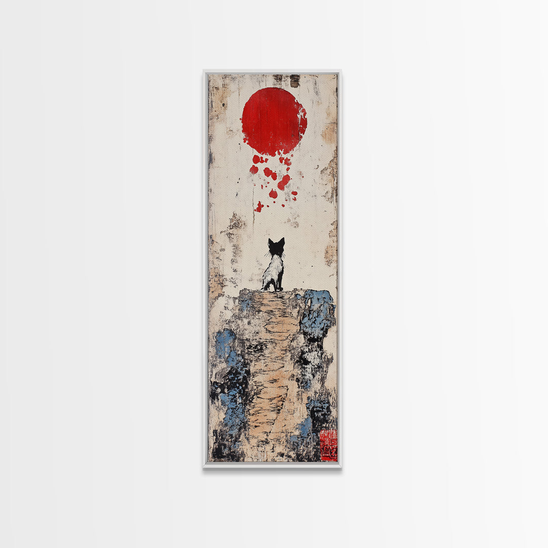 Tiny Black Cat On Cliff With Red Moon Canvas Print, Japanese Wall Art, Whimsical Animal Poster, Nursery Room Decor Unique Gift
