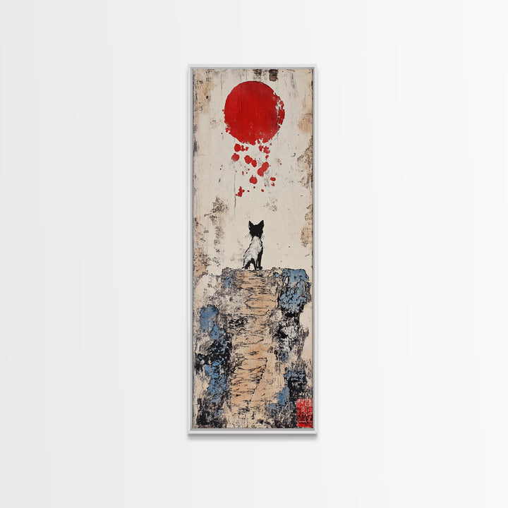 Tiny Black Cat On Cliff With Red Moon Canvas Print, Japanese Wall Art, Whimsical Animal Poster, Nursery Room Decor Unique Gift