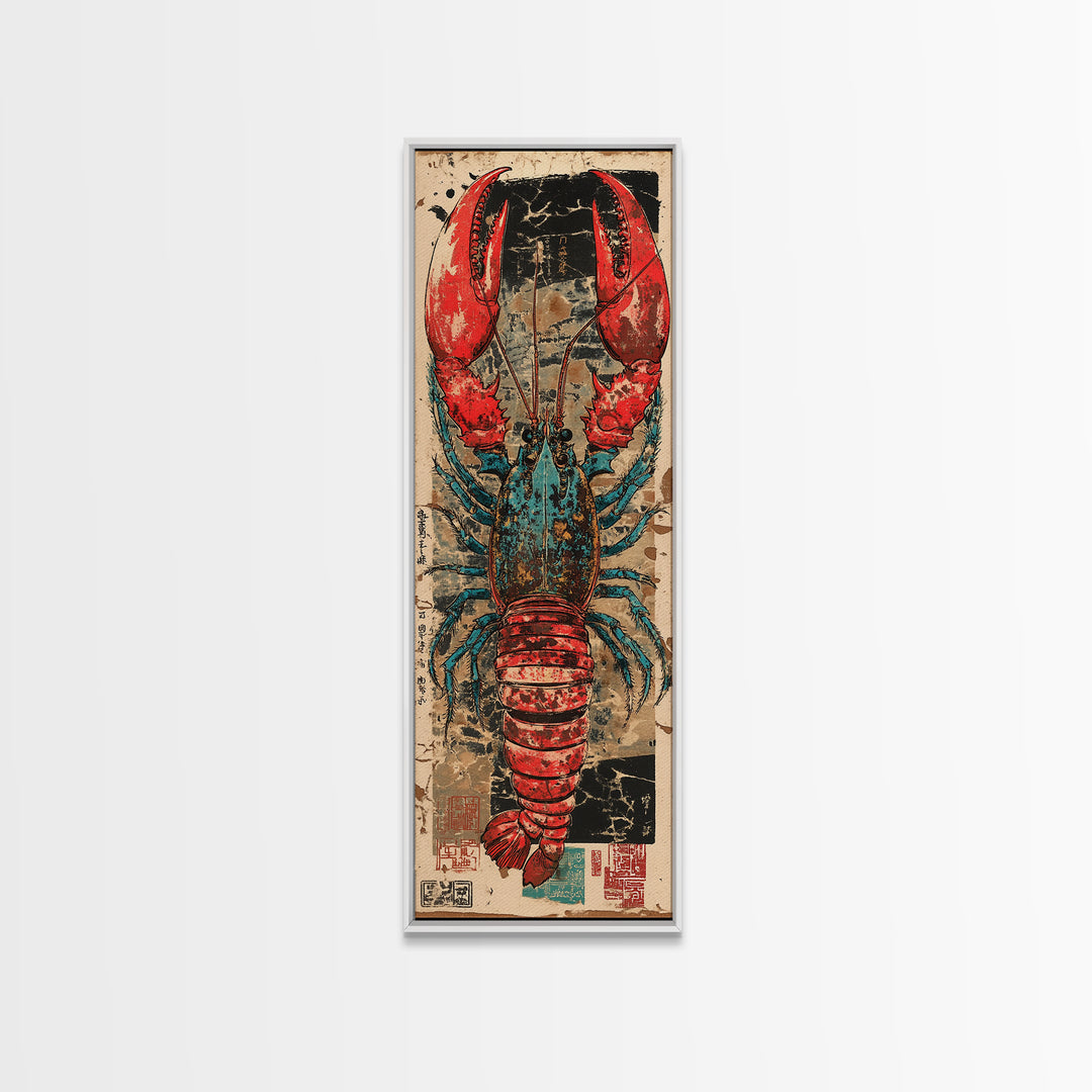 Bold Red And Teal Lobster Framed Canvas Print, Coastal Kitchen Wall Art, Nautical Seafood Decor, Beach House Gift For Foodie