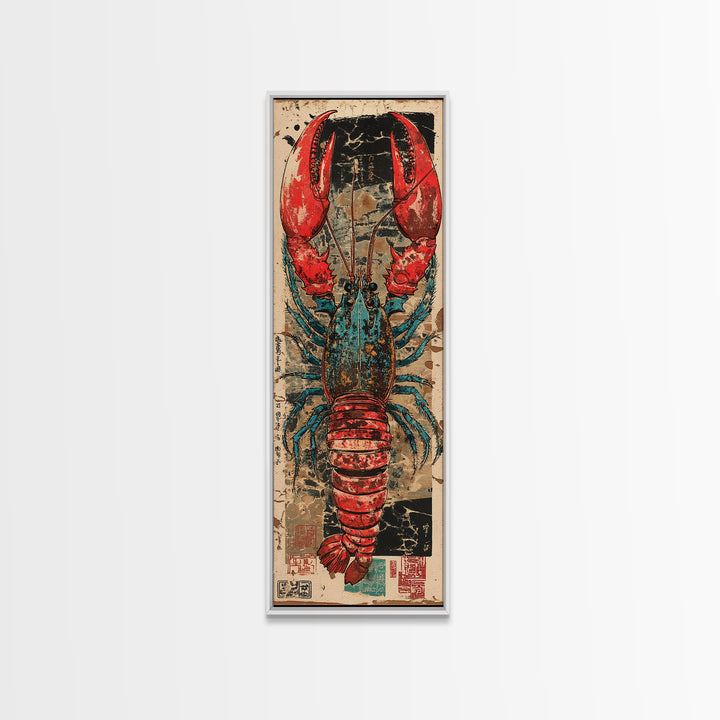 Bold Red And Teal Lobster Framed Canvas Print, Coastal Kitchen Wall Art, Nautical Seafood Decor, Beach House Gift For Foodie