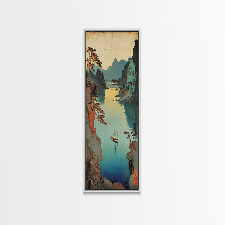 Misty Japanese River Gorge With Boats And Teal Cliffs Framed Canvas Print, Asian Landscape Art, Japandi Wall Decor, Zen Decor