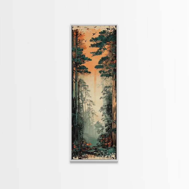Tall Misty Pine Forest At Orange Dawn Wall Art, Nature Landscape Print, Japandi Decor, Calming Living Room Wall Decor, Home Decor