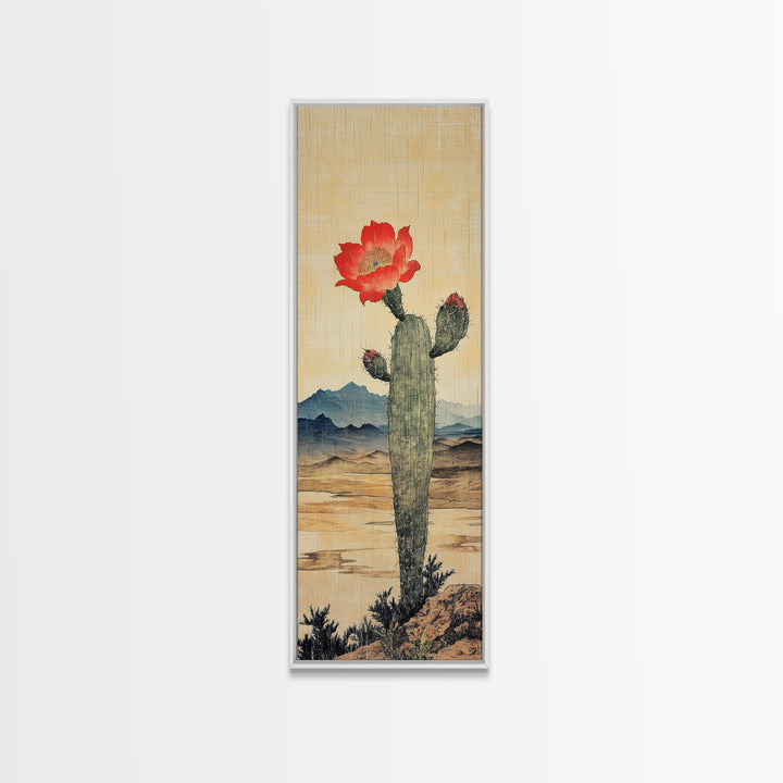 Blooming Cactus With Red Flower In Desert Landscape Framed Canvas Print, Southwestern Wall Art, Rustic Home Decor, Desert Decor