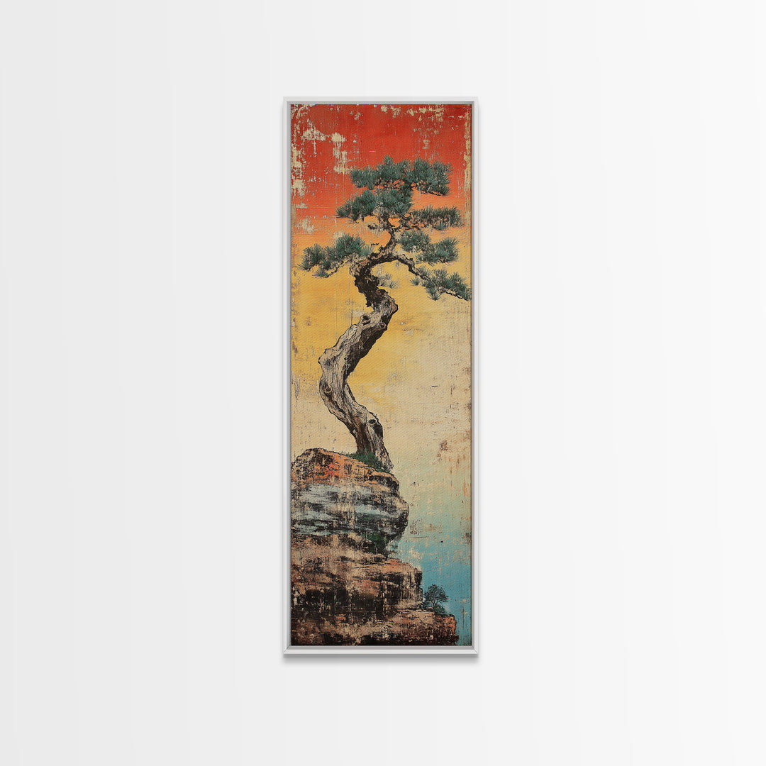 Weathered Bonsai Pine On Rocky Cliff With Red Sky Canvas Print, Japanese Wall Art, Wabi Sabi Decor, Zen Home Decor, Nature Art