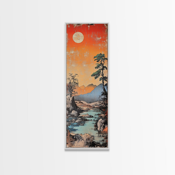 Moonlit Mountain River At Coral Sunset With Lone Pine Wall Art, Japanese Landscape Art, Rustic Decor, Nature Wall Decor Print