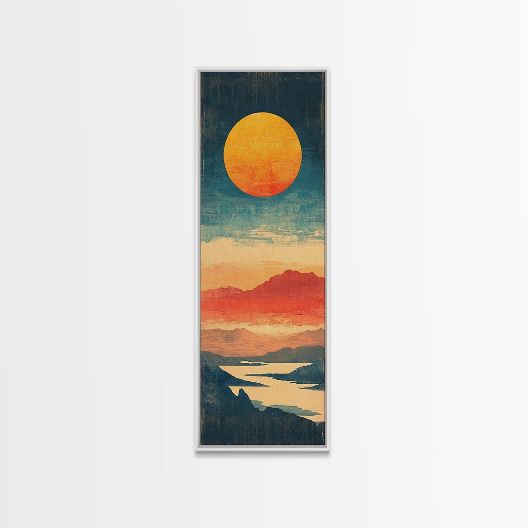 Golden Sun Over Coral Mountains And Reflective Lake Canvas Print, Abstract Landscape, Modern Wall Art, Coastal Decor, Home Decor