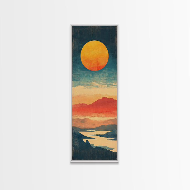 Golden Sun Over Coral Mountains And Reflective Lake Canvas Print, Abstract Landscape, Modern Wall Art, Coastal Decor, Home Decor