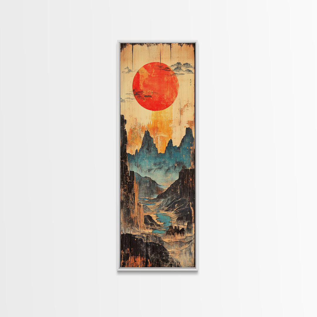 Red Sun Over Blue Mountain Valley And Winding River Wall Art, Japanese Landscape Print, Asian Decor, Statement Artwork, Home Decor