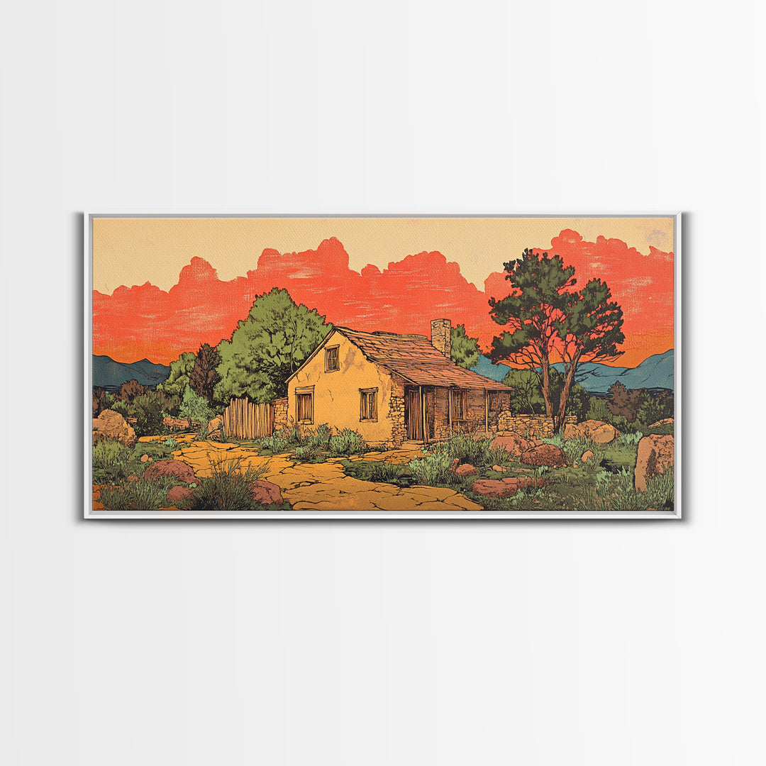 Adobe Desert Cabin At Red Sunset Wall Art, Rustic Southwestern Landscape Print, Western Home Decor, Large Canvas Wall Art