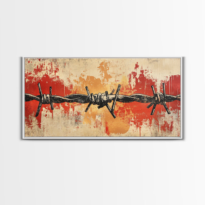 Black Barbed Wire On Red Grunge Canvas Print, Industrial Wall Decor, Edgy Abstract Art, Masculine Office Wall Art, Modern Home Decor