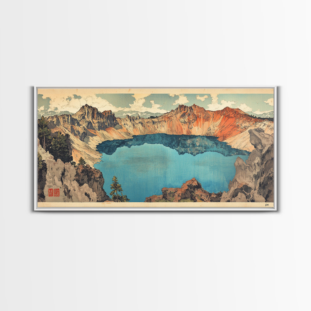 Turquoise Crater Lake And Rugged Mountain Wall Art, Japanese Landscape Print, Panoramic Canvas Art, Nature Home Decor, Large Wall Decor