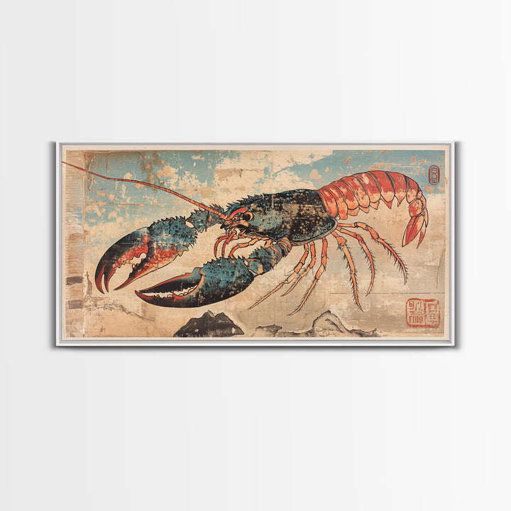 Blue And Coral Lobster With Large Claws Canvas Print, Coastal Kitchen Wall Art, Seafood Art Print, Nautical Home Decor, Beach House Decor