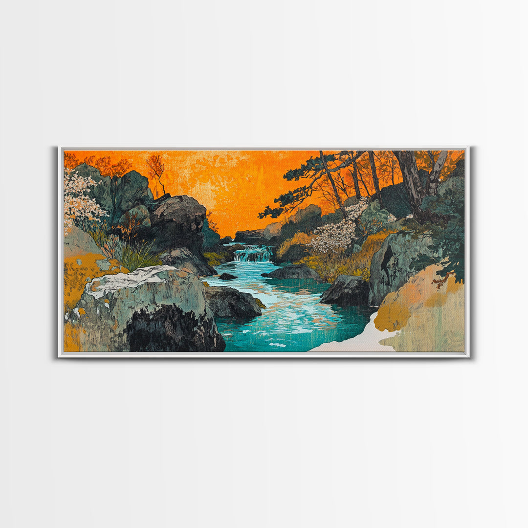 Turquoise River Through Rocky Forest Canyon Wall Art, Japanese Landscape Print, Orange Sunset Decor, Nature Canvas Art, Living Room Decor