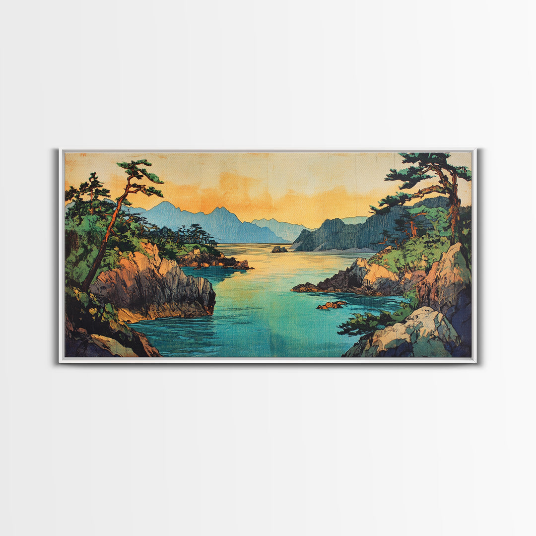 Pine Coastline With Blue Bay And Distant Mountains Wall Art, Japanese Seascape Print, Coastal Home Decor, Large Canvas Art