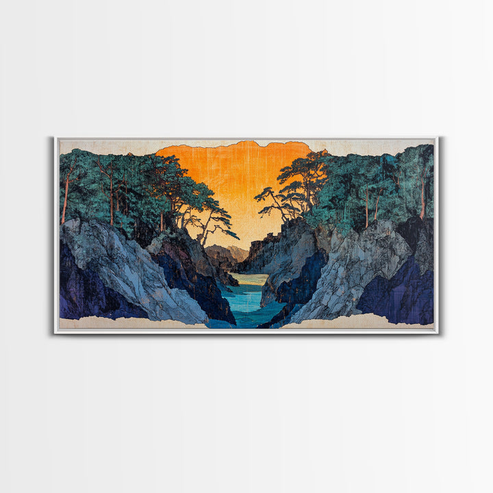 Rocky Blue Canyon River At Orange Sunset Wall Art, Japanese Landscape Print, Moody Nature Decor, Panoramic Canvas Art, Living Room Art