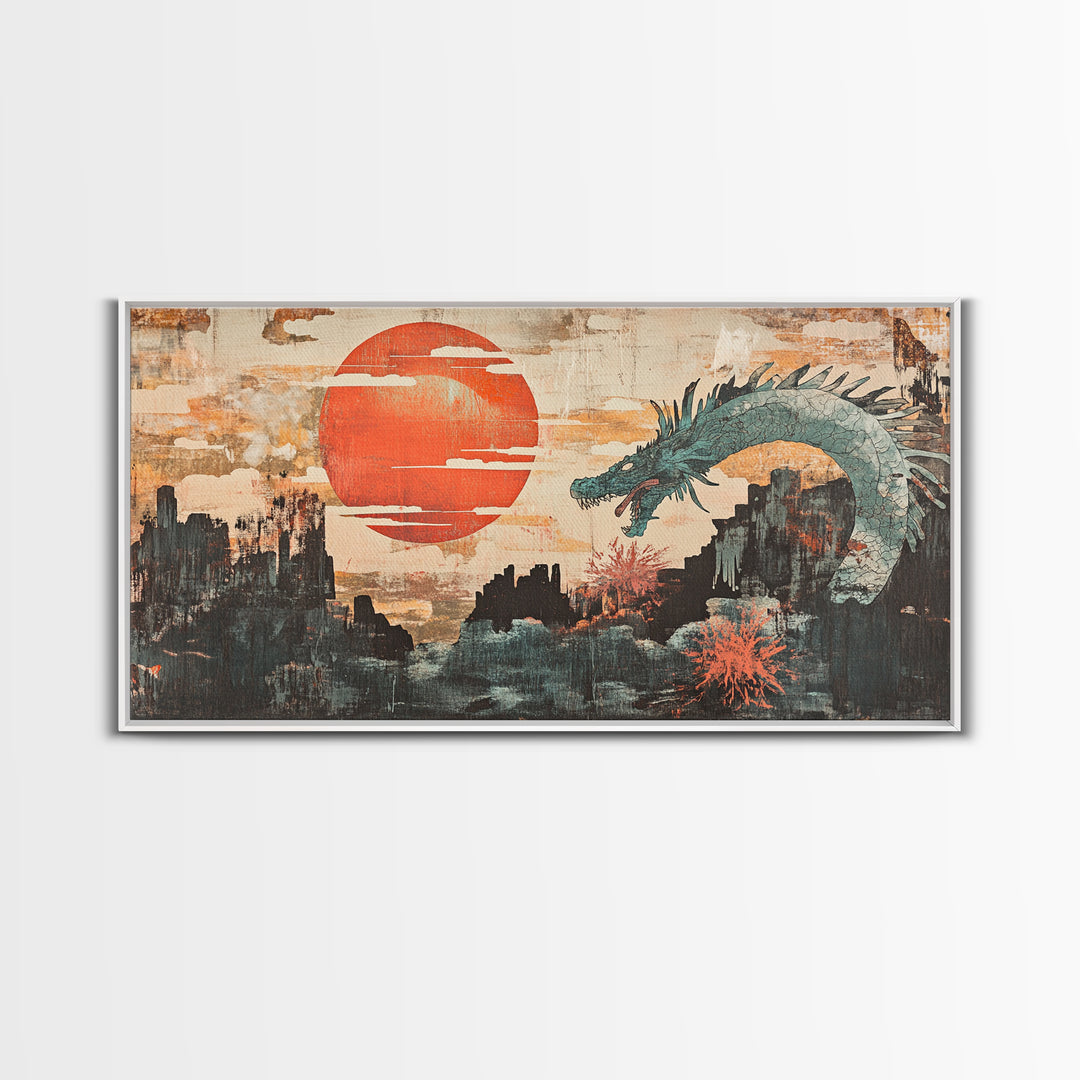 Teal Dragon Over Red Sun Mountains Framed Canvas Print, Asian Fantasy Wall Art, Japanese Decor, Dramatic Living Room Art