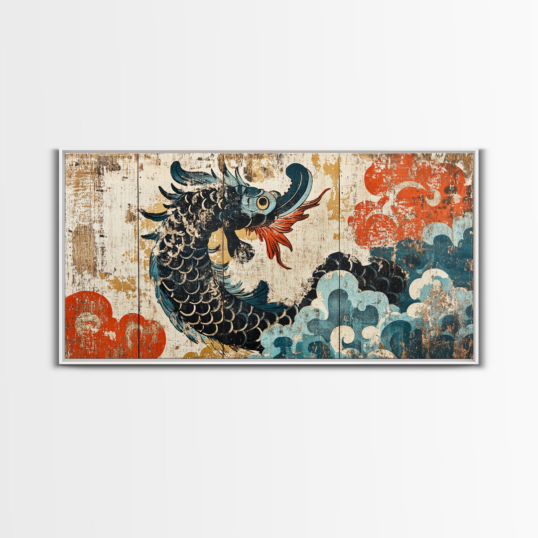Ukiyo E Sea Dragon With Clouds Framed Canvas Print, Japanese Wall Art, Fantasy Decor, Asian Inspired Living Room Art, Statement Artwork