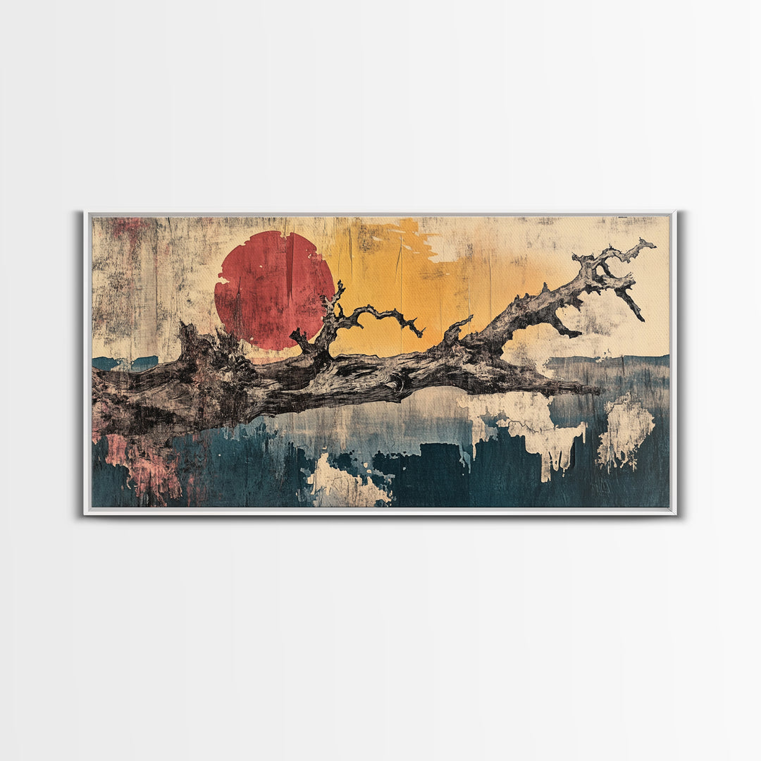 Bare Branch Red Sun Abstract Canvas Print, Japanese Landscape Wall Art, Wabi Sabi Decor, Minimalist Living Room Art, Zen Home Decor
