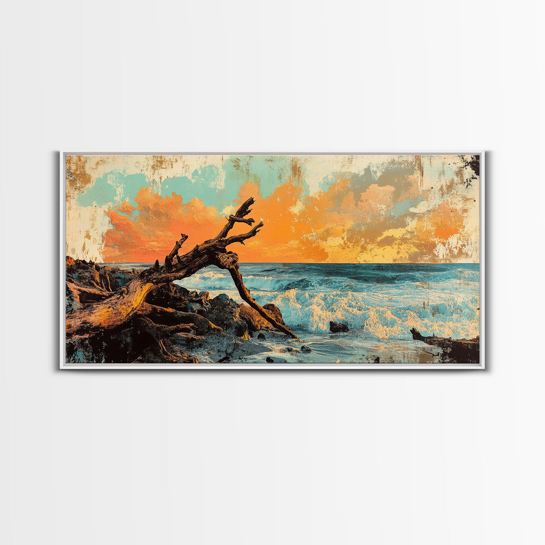 Driftwood Ocean Sunset Seascape Framed Canvas Print, Coastal Wall Art, Beach House Decor, Nautical Living Room Decor, Gift For Her