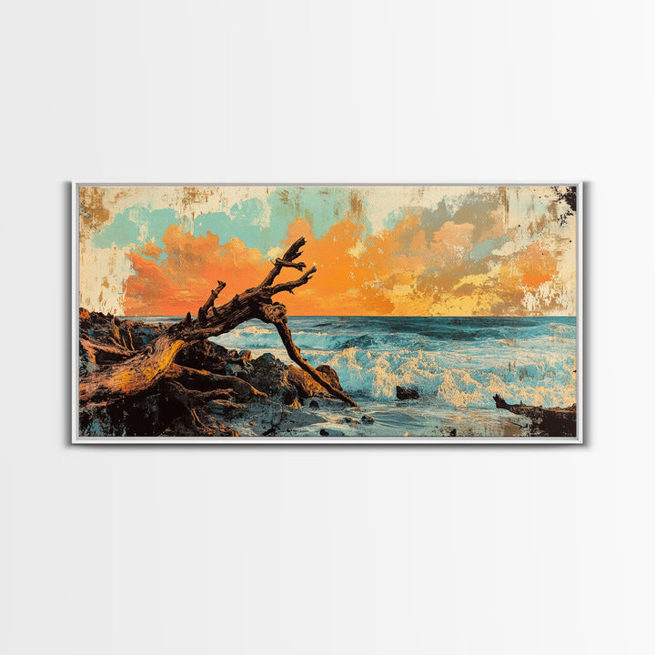 Driftwood Ocean Sunset Seascape Framed Canvas Print, Coastal Wall Art, Beach House Decor, Nautical Living Room Decor, Gift For Her