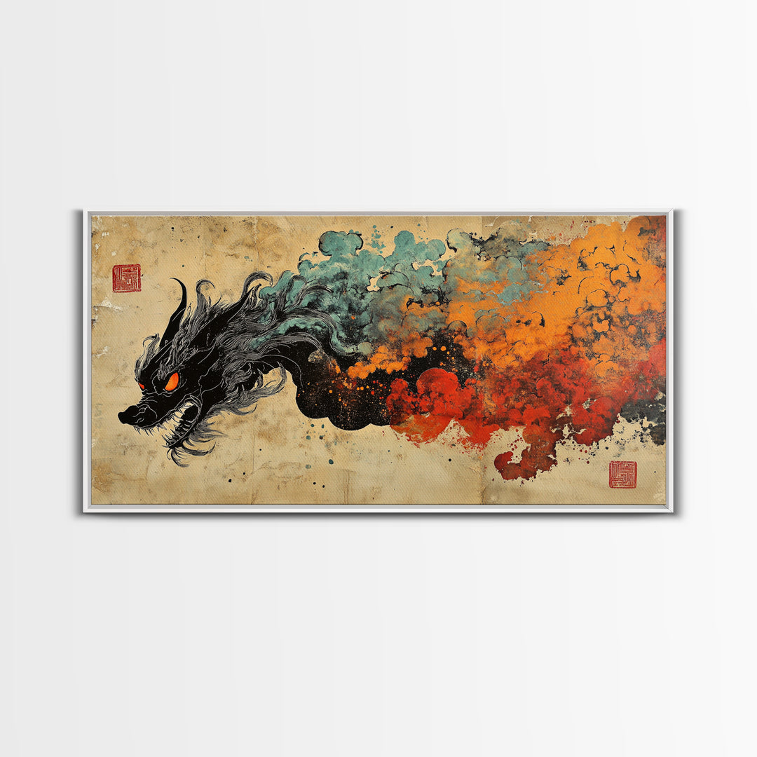 Black Dragon With Fiery Smoke Wall Art, Japanese Fantasy Art Print, Dark Mythical Decor, Dramatic Gaming Room Canvas Print