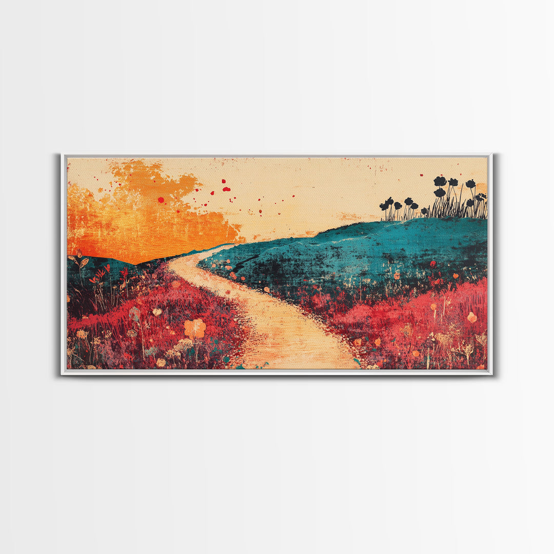 Sunlit Path Through Teal Hills Wall Art, Abstract Landscape Print, Colorful Wildflower Decor, Boho Living Room Canvas Print