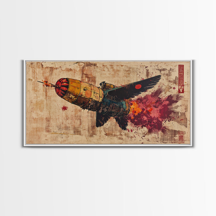 Retro Rocket Bird In Flight Wall Art, Japanese Sci Fi Art Print, Cyberpunk Bird Poster Decor, Futuristic Canvas Print