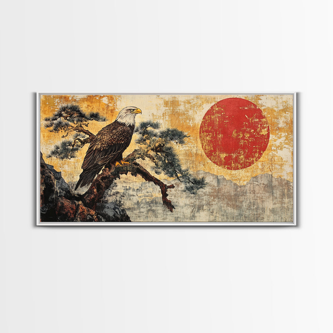 Bald Eagle On Pine Branch Wall Art, Japanese Wildlife Art Print, Rustic Nature Decor, Patriotic Living Room Canvas Print