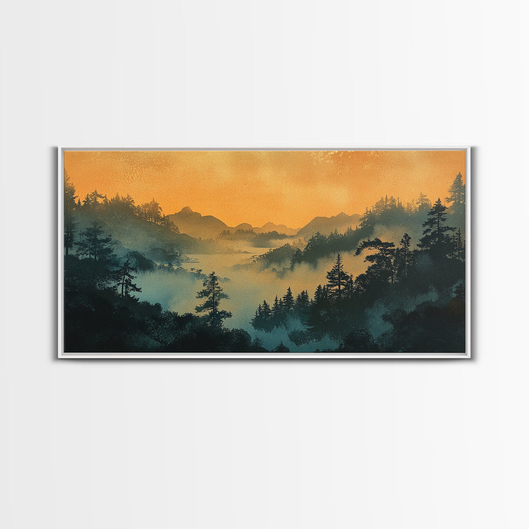 Misty Mountain Forest At Sunrise Wall Art, Japanese Landscape Print, Moody Nature Decor, Serene Bedroom Framed Canvas Print