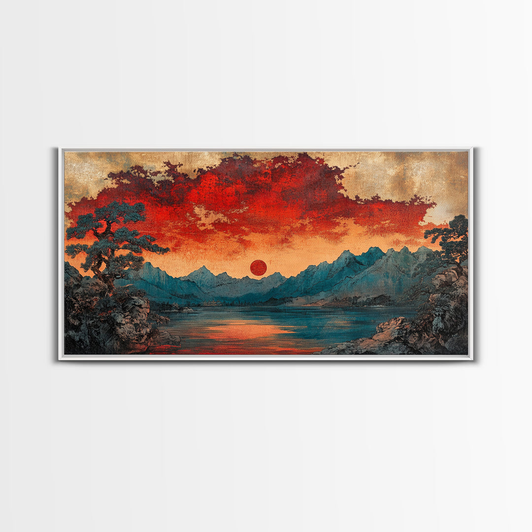 Red Sun Mountain Lake Wall Art, Japanese Landscape Print, Moody Sunset Canvas, Asian Inspired Living Room Home Decor