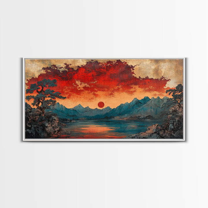 Red Sun Mountain Lake Wall Art, Japanese Landscape Print, Moody Sunset Canvas, Asian Inspired Living Room Home Decor