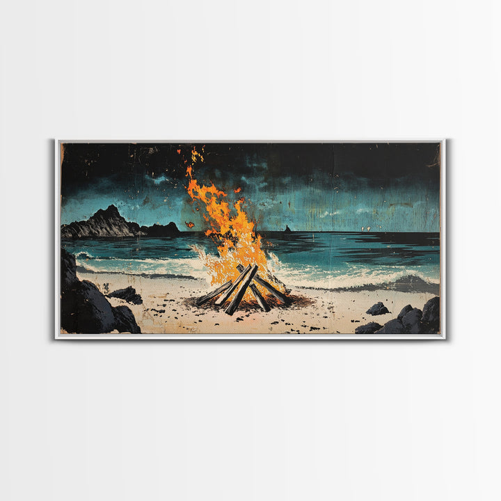 Beach Bonfire Wall Art, Coastal Campfire Canvas Print, Ocean Night Seascape, Rustic Cabin Decor, Man Cave Decor Home Decor Gift